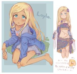 Rule 34 | 1girl, 7010, aqua eyes, barefoot, blonde hair, character name, commentary, cropped legs, dark-skinned female, dark skin, elbow gloves, fingerless gloves, flower, gloves, hair flower, hair ornament, idolmaster, idolmaster cinderella girls, jewelry, layla (idolmaster), long hair, looking at viewer, midriff, multiple views, navel, open mouth, p-head producer, producer (idolmaster), sitting, smile, swept bangs, translation request