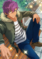 Rule 34 | 1boy, :d, absurdres, bench, blurry, bulge, dark-skinned male, dark skin, denim, depth of field, ensemble stars!, highres, jacket, jeans, looking at viewer, male focus, open clothes, open jacket, open mouth, otogari adonis, outdoors, pants, purple hair, shirt, sitting, smile, solo, sparkle, striped clothes, striped shirt, takamiya mizuki, yellow eyes