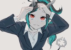Rule 34 | 1girl, nanashi inc., adjusting hair, alternate costume, alternate hairstyle, black hair, black jacket, blazer, blue hair, blush, closed mouth, collared shirt, commentary request, demon girl, demon horns, demon tail, fang, fang out, flat chest, gin (tttetu123), grey background, high ponytail, highres, horns, jacket, long hair, multicolored hair, office lady, pointy ears, red eyes, shirt, shishio chris, simple background, skin fang, solo, sugar lyric, tail, two-tone hair, upper body, virtual youtuber, wavy mouth, white shirt