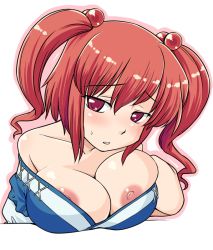 Rule 34 | 1girl, areola slip, bad id, bad pixiv id, blush, breasts, bursting breasts, cleavage, covered erect nipples, female focus, hinemosu notari, large breasts, long hair, nipple slip, nipples, onozuka komachi, red eyes, red hair, solo, sweat, touhou, twintails, two side up