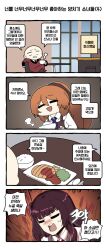 Rule 34 | 1boy, 2girls, 4koma, = =, april fools, apron, ascot, bald, black necktie, blue ascot, blush, bowl, brown apron, brown hair, cafe, chibi, clip studio paint (medium), closed eyes, coat, comic, commander (girls&#039; frontline), crossed legs, cup, food request, girls&#039; frontline, griffin &amp; kryuger military uniform, highres, holding, holding cup, korean text, long hair, long sleeves, looking up, madcore, multiple girls, necktie, one side up, open mouth, ponytail, purple hair, red coat, rice, rice bowl, shirt, sitting, spoon, springfield (girls&#039; frontline), sweatdrop, table, teacup, translation request, very long hair, wa2000 (girls&#039; frontline), white shirt
