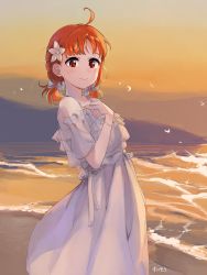 Rule 34 | 1girl, alternate hairstyle, antenna hair, artist name, artist request, bare shoulders, beach, blush, bow, bracelet, braid, breasts, cleavage, cloud, collarbone, dress, female focus, frill trim, frills, hair bow, halter dress, halterneck, highres, jewelry, looking at viewer, love live!, love live! school idol festival, love live! school idol festival all stars, love live! sunshine!!, medium breasts, necklace, ocean, off-shoulder dress, off shoulder, orange hair, orange sky, outdoors, parted lips, red eyes, short hair, sky, sleeveless, sleeveless dress, smile, solo, star (symbol), star necklace, suisou0417, sunset, takami chika, twintails, white bow, white dress