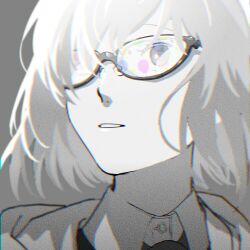 Rule 34 | 1girl, balloon, chromatic aberration, fate/grand order, fate (series), glasses, highres, limited palette, looking up, mash kyrielight, noz 2to, parted lips, portrait, reflection, short hair, simple background, solo