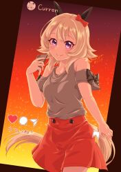 Rule 34 | absurdres, alternate costume, animal ears, blush, breasts, casual, cellphone, clothing cutout, collarbone, commentary request, curren chan (umamusume), grey hair, hair ornament, highres, horse ears, horse girl, horse tail, looking at viewer, medium breasts, medium hair, phone, radium0727, ribbon, shirt, shoulder cutout, simple background, smile, solo, tail, twitter username, umamusume