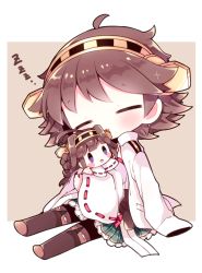 Rule 34 | 10s, 1girl, :d, ahoge, blush, blush stickers, boots, brown hair, character doll, chibi, closed eyes, full body, green skirt, hairband, head tilt, hiei (kancolle), jacket, jacket on shoulders, kantai collection, kongou (kancolle), kyou (nekoneko), nontraditional miko, open mouth, pantyhose, plaid, plaid skirt, pleated skirt, purple eyes, ribbon-trimmed sleeves, ribbon trim, skirt, sleeping, smile, thigh boots, thighhighs, wide sleeves, zzz
