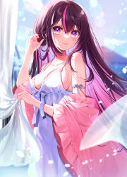 Rule 34 | 1girl, absurdres, alternate costume, azki (hololive), bare shoulders, black hair, blurry, blurry background, breasts, cleavage, closed mouth, collarbone, colored inner hair, commentary request, depth of field, double-parted bangs, hair between eyes, hair intakes, hand in own hair, hand up, highres, holding cloth, hololive, jacket, light particles, lingerie, lips, long hair, looking at viewer, medium breasts, mole, mole under eye, multicolored hair, nail polish, negligee, off shoulder, partial commentary, pink hair, pink jacket, pink nails, purple eyes, sleepwear, smile, streaked hair, tsurugi hikaru, underwear, virtual youtuber, white hair, white negligee