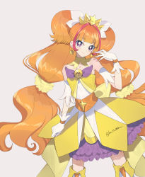 Rule 34 | 1girl, amanogawa kirara, arm garter, bare shoulders, boots, bow, choker, collarbone, cure twinkle, dress, earrings, frilled dress, frills, gloves, go! princess precure, grey background, highres, jewelry, long hair, looking at viewer, magical girl, precure, quad tails, scrunchie, simple background, smile, sohu, solo, star (symbol), star earrings, strapless, thigh boots, tiara, twitter username, waist bow, white gloves, yellow choker, yellow dress