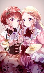 Rule 34 | 2girls, blonde hair, blouse, blush, bow, braid, braided bangs, braided bun, breasts, brooch, brown background, brown shirt, brown skirt, cake, cake slice, closed mouth, crown braid, cup, disposable cup, drinking straw, earrings, english text, food, forehead, frilled shirt collar, frills, glint, hair bun, hair ornament, highres, holding, holding cup, holding plate, jewelry, long hair, multiple girls, original, parted bangs, pink shirt, plate, puracotte, purple eyes, red bow, red hair, shirt, sidelocks, simple background, single hair bun, skirt, small breasts, smile