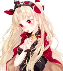 Rule 34 | :d, asymmetrical sleeves, between breasts, black bow, blonde hair, blurry, blush, bow, breasts, cape, commentary request, detached collar, earrings, ereshkigal (fate), fate/grand order, fate (series), gold trim, hair intakes, hair ribbon, hands up, highres, hoop earrings, infinity symbol, interlocked fingers, jewelry, long hair, medium breasts, mokyuko, multicolored cape, multicolored clothes, necklace, open mouth, own hands clasped, own hands together, parted bangs, red cape, red eyes, red ribbon, ribbon, simple background, single sleeve, skull, skull necklace, smile, tears, two-sided cape, two-sided fabric, two side up, uneven sleeves, upper body, very long hair, white background, wrist bow, yellow cape