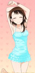 Rule 34 | 10s, 1girl, armpits, arms up, barefoot, blue dress, bracelet, breasts, brown hair, cleavage, closed eyes, collarbone, dress, jewelry, nisekoi, onodera kosaki, shiny skin, short dress, short hair with long locks, sidelocks, small breasts, smile, solo