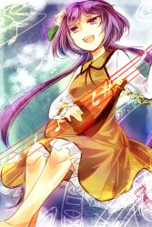 Rule 34 | 1girl, barefoot, biwa lute, commentary request, dress, flower, hair flower, hair ornament, instrument, kutsuki kai, long hair, long sleeves, lute (instrument), musical note, one-hour drawing challenge, open mouth, purple hair, solo, teeth, touhou, tsukumo benben, upper teeth only, white flower, yellow dress