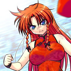 Rule 34 | 1girl, angry, bare shoulders, blue eyes, braid, breasts, china dress, chinese clothes, dress, female focus, glaring, hong meiling, immaterial and missing power, large breasts, long hair, no headwear, no headwear, red hair, solo, takadoya, touhou, twin braids