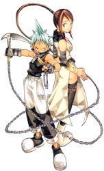 Rule 34 | 00s, 1boy, 1girl, aqua hair, arm warmers, ass, back-to-back, bare shoulders, belt, belt skirt, biceps, black star, black thighhighs, blue eyes, boots, breasts, brown hair, chain, cleavage, covered mouth, detached sleeves, dress, fingerless gloves, full body, gloves, high ponytail, holding, holding weapon, kusarigama, large breasts, long hair, looking back, lowres, nakatsukasa tsubaki, ninja, official art, ohkubo atsushi, personification, ponytail, scarf, sickle, side slit, sidelocks, sleeveless, sleeveless turtleneck, soul eater, standing, star (symbol), striped, studded belt, thighhighs, transparent background, turtleneck, weapon