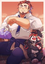 Rule 34 | 2boys, armband, bags under eyes, bara, blue necktie, boogeyman (housamo), brown hair, camera, cat, colored skin, dawn, facial hair, gakuran, goatee, green eyes, hat, highres, long sideburns, looking at another, male focus, multicolored hair, multiple boys, muscular, muscular male, necktie, orange background, outside border, purple skin, red eyes, red panda boy, red panda ears, red panda tail, sawch cls, scar, scar on face, school uniform, sideburns, thick eyebrows, tokyo houkago summoners, two-tone hair, zhurong (housamo)