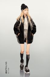 Rule 34 | 1girl, alternate costume, blonde hair, character name, chinese text, english text, hands in pockets, highres, jacket, jewelry, long hair, necklace, qiu tong, shoes, shorts, sneakers, socks, solo, sq (series), tanjiu, white background, woollen cap, yellow eyes
