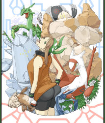 Rule 34 | 00s, 1girl, ass, bandana, bare arms, bike shorts, black shorts, breasts, brown hair, cloud, collared shirt, creatures (company), female focus, flower, game freak, gen 3 pokemon, gen 4 pokemon, glaceon, gloves, grass, green bandanna, green eyes, hand on own hip, head back, holding, holding poke ball, huge ass, ice, latias, legendary pokemon, looking at viewer, looking back, materclaws, may (pokemon), may (pokemon emerald), medium breasts, multicolored clothes, multicolored gloves, nintendo, open mouth, orange shirt, poke ball, poke ball (basic), pokemon, pokemon (creature), pokemon rse, rayquaza, regice, regirock, registeel, relicanth, rock, shirt, short hair, shorts, simple background, sleeveless, sleeveless shirt, standing, white flower, white gloves
