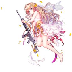 Rule 34 | 1girl, :t, alternate hairstyle, ankle ribbon, assault rifle, barefoot, blue eyes, blush, breasts, bridal veil, bride, brown hair, cleavage, closed mouth, damaged, dress, flower, fn fnc, fnc (girls&#039; frontline), fnc (strawberry cake &amp; garden cosmos) (girls&#039; frontline), full body, girls&#039; frontline, gun, hair ornament, high heels, holding, holding gun, holding weapon, jewelry, large breasts, leg ribbon, long hair, looking at viewer, no socks, official alternate costume, official art, oppai loli, petals, pink ribbon, ribbon, rifle, ring, shenbei xiaoqiu, shoes, simple background, single shoe, solo, toes, transparent background, veil, weapon, wedding dress, wedding ring, white dress, white footwear