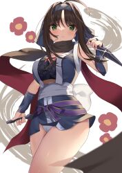 Rule 34 | 1girl, :&lt;, absurdres, ahoge, arm at side, back bow, black scarf, blue gloves, blue kimono, blurry, blush, bow, breasts, closed mouth, commentary, cowboy shot, curvy, depth of field, eyelashes, eyes visible through hair, fighting stance, fingerless gloves, floral print, flower, forehead protector, glint, gloves, hand up, highres, hitachi mako, holding, holding weapon, japanese clothes, kimono, kunai, large breasts, looking at viewer, mugicho (kdks5554), ninja, panties, panty peek, parted bangs, purple ribbon, red flower, red scarf, ribbon, sash, scarf, senren banka, serious, short hair with long locks, short kimono, sidelocks, simple background, solo, standing, thighs, two-tone scarf, underwear, v-shaped eyebrows, weapon, white background, white bow, white panties, white sash