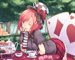 Rule 34 | 10s, 1girl, arm support, bent over, black shirt, blouse, bow, card, checkered clothes, checkered headwear, cookie, cup, day, fingerless gloves, flower, food, frilled skirt, frills, gloves, hat, hat bow, head rest, highres, looking at viewer, love live!, love live! school idol festival, love live! school idol project, mikage sekizai, muffin, nail polish, neck ribbon, nishikino maki, one eye closed, outdoors, pastry, pink flower, pink hair, pink nails, pink rose, plaid, plaid skirt, plate, playing card, puffy short sleeves, puffy sleeves, purple eyes, red skirt, ribbon, rose, saucer, shirt, short sleeves, skirt, smile, solo, spoon, striped clothes, striped gloves, swept bangs, table, tablecloth, tea, teacup, teapot, tiered tray, tree