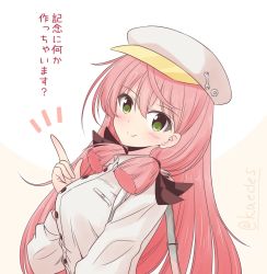 Rule 34 | 1girl, ^^^, akashi (kancolle), alternate costume, bag, beret, breasts, commentary request, dress, green eyes, hair ribbon, hat, index finger raised, kantai collection, long hair, looking at viewer, medium breasts, one-hour drawing challenge, pink hair, ribbon, shizuna kaede, solo, translation request, tress ribbon, two-tone background, upper body, white dress, white hat, wrench