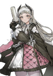 Rule 34 | 1girl, absurdres, ammunition belt, arknights, black dress, black gloves, cowboy shot, dress, earrings, gloves, grey eyes, grey hair, gun, head wings, highres, holding, holding gun, holding weapon, irene (arknights), jewelry, long hair, looking at viewer, mamera1129, multicolored clothes, multicolored dress, pantyhose, pink dress, scabbard, scar, scar across eye, sheath, sheathed, simple background, solo, sword, weapon, white background, white dress, wings