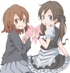 Rule 34 | 2girls, bad id, bad pixiv id, brown eyes, brown hair, character request, grin, holding hands, hirasawa yui, ichinose (ktmnn), k-on!, maid, multiple girls, pantyhose, school uniform, short hair, smile, twintails, v