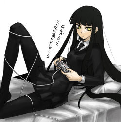 Rule 34 | 1girl, black hair, female protagonist (houkago play), game console, houkago play, long hair, necktie, pantyhose, playing games, skirt, solo, staring, tetsu (kimuchi), very long hair, video game, yellow eyes