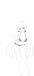 Rule 34 | 1girl, alice (bishoujo mangekyou), barefoot, bikini, bishoujo mangekyou, highres, long hair, monochrome, simple background, swimsuit, very long hair, white background