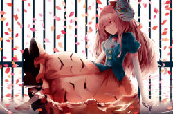 Rule 34 | 1girl, barefoot, bow, bowtie, chiruru96, elbow gloves, fox mask, gloves, hata no kokoro, long hair, looking away, mask, mask on head, partially submerged, petals, pink hair, puffy sleeves, red eyes, shirt, short sleeves, skirt, solo, touhou, water, white gloves