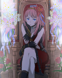 Rule 34 | 1girl, :/, black gloves, blue eyes, breasts, brown hair, head rest, cleavage, closed mouth, collarbone, dress, flower, gloves, hair flower, hair ornament, highres, large breasts, crossed legs, long hair, looking at viewer, noraico, original, plant, potted plant, red dress, red rose, rose, sitting, solo, throne