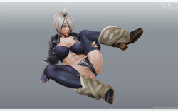 Rule 34 | 1girl, 3d, abs, angel (kof), bad id, bad pixiv id, blue eyes, boots, breasts, cameltoe, chaps, cleavage, female focus, fingerless gloves, full body, gloves, gradient background, hair over one eye, highres, jacket, large breasts, leslyzerosix, midriff, muscular, muscular female, navel, panties, patreon username, short hair, simple background, snk, solo, the king of fighters, thighhighs, underwear, white hair