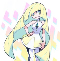 Rule 34 | 10s, 1girl, bare arms, blonde hair, blush, creatures (company), crystal, game freak, gem, green eyes, green gemstone, hand on own hip, highres, limb92, long hair, looking at viewer, lusamine (pokemon), multicolored hair, nintendo, open mouth, pokemon, pokemon sm, sleeveless, solo, standing, streaked hair, very long hair