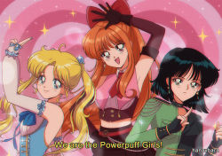 Rule 34 | 1990s (style), 3girls, arm up, artist name, black gloves, black hair, blonde hair, blossom (ppg), blue nails, blush, bow, brown hair, bubbles (ppg), buttercup (ppg), closed mouth, elbow gloves, fingerless gloves, gloves, green eyes, hair bobbles, hair bow, hair ornament, hanavbara, long hair, looking at viewer, multiple girls, nail polish, open mouth, powerpuff girls, red bow, red eyes, retro artstyle, short hair, smile, subtitled, twintails