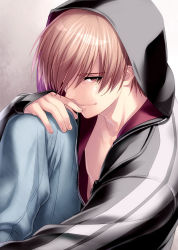 Rule 34 | 1boy, blue pants, brown eyes, brown hair, closed mouth, commentary, commentary request, hood, hoodie, knee up, little busters!, long sleeves, looking at viewer, male focus, natsume kyousuke, pants, short hair, simple background, solo, zen