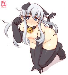 Rule 34 | 1girl, all fours, anal tail, animal ears, artist logo, bell, black gloves, black thighhighs, blue eyes, breasts, cat day, cat ears, cat tail, commentary request, dated, elbow gloves, fake tail, gloves, hibiki (kancolle), highres, jingle bell, kanon (kurogane knights), kantai collection, long hair, looking at viewer, nude, paw pose, silver hair, simple background, small breasts, solo, tail, thighhighs, white background