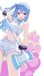 Rule 34 | 1girl, :d, absurdres, alternate costume, alternate hairstyle, armpits, axe, blue eyes, blue hair, blush, breasts, commentary, cowboy shot, crop top, hair between eyes, hair ornament, hairclip, highres, holding, holding axe, hololive, hoshimachi suisei, mei am0, navel, open mouth, shirt, shorts, side ponytail, smile, solo, star (symbol), star in eye, stomach, symbol-only commentary, symbol in eye, teeth, tongue, virtual youtuber, white shirt, white shorts