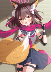 Rule 34 | 1girl, animal ear fluff, animal ears, azel (laevateinn495), black sailor collar, black skirt, blue archive, blush, brown hair, cowboy shot, fox ears, fox tail, halo, highres, izuna (blue archive), neckerchief, open mouth, pink halo, pleated skirt, red neckerchief, red scarf, sailor collar, scarf, short hair, skirt, smile, solo, tail, textless version, yellow eyes