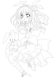 Rule 34 | 1girl, :o, alto seneka, blush, breasts, cleavage, doll, double bun, elbow gloves, gloves, greyscale, hair bun, highres, hugging doll, hugging object, lineart, long hair, looking at viewer, medium breasts, monochrome, open mouth, original, socks, solo, striped clothes, striped socks, stuffed animal, stuffed rabbit, stuffed toy