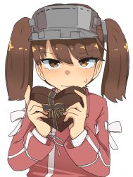 Rule 34 | 1girl, absurdres, blush, box, brown eyes, brown hair, closed mouth, gift, gift box, hair between eyes, heart-shaped box, highres, holding, holding gift, japanese clothes, kantai collection, kariginu, long hair, long sleeves, looking at viewer, nozea, ryuujou (kancolle), simple background, solo, sweat, twintails, upper body, visor cap, white background