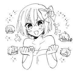Rule 34 | 1girl, ashe bradley, bare shoulders, breasts, chibi, claire elford, cleavage, clenched hands, collarbone, dress, excited, flower, hair ribbon, monochrome, noel levine, off-shoulder dress, off shoulder, oniko (oni06), open mouth, ribbon, short hair, simple background, sirius gibson, smile, sparkle, star (symbol), upper body, white background, wilardo adler, witch&#039;s heart