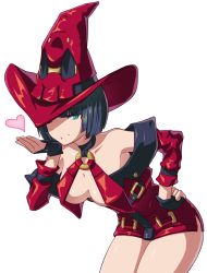 Rule 34 | 1girl, absurdres, bad id, bad twitter id, bare shoulders, bbhdrrr, black gloves, black hair, blowing kiss, blue eyes, bob cut, breasts, cleavage, dress, gloves, guilty gear, guilty gear xrd, hat, hat over one eye, heart, highres, i-no, large breasts, latex, latex dress, looking at viewer, mole, mole above mouth, o-ring, o-ring top, red hat, short dress, short sleeves, simple background, solo, white background, witch, witch hat