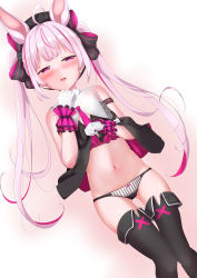 Rule 34 | 1girl, animal ears, black dress, black footwear, black hat, black panties, black thighhighs, blush, boots, clothes lift, dress, dress lift, gloves, gluteal fold, hand to own mouth, hat, highres, lifted by self, long hair, navel, panties, pink eyes, pink hair, rabbit ears, ribbon, sleeveless, sleeveless dress, smile, solo, sorbitol, striped clothes, striped panties, thigh boots, thigh gap, thighhighs, thighs, tomari mari, tomari mari channel, twintails, two-tone panties, underwear, virtual youtuber, white gloves, white panties