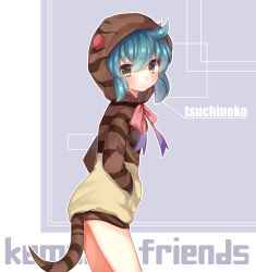 Rule 34 | &gt;:/, 10s, 1girl, :/, aqua hair, bare legs, bibe masa, blush, character name, copyright name, cowboy shot, dot nose, eyelashes, from side, hair between eyes, hands in pockets, highres, hood, hoodie, kemono friends, long sleeves, looking at viewer, neck ribbon, outline, outside border, purple background, rectangle, ribbon, romaji text, shy, sidelocks, simple background, snake tail, solo, striped, striped tail, tail, tsuchinoko (kemono friends), tsurime, v-shaped eyebrows, white outline, yellow eyes