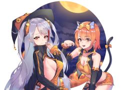Rule 34 | 2girls, absurdres, animal ears, azur lane, bell, breasts, brown eyes, cat ears, cat tail, character request, check character, choker, cleavage, hair ribbon, halloween, halloween costume, hand up, hat, highres, long hair, looking at viewer, lordol, medium breasts, medium hair, multiple girls, neck bell, open mouth, orange hair, orange shorts, prinz eugen (azur lane), ribbon, sakura ayane, shorts, silver hair, single thighhigh, smile, tail, thighhighs, witch, witch hat