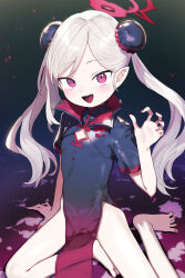 Rule 34 | 1girl, arm support, barefoot, blue archive, blush, bun cover, feet, fingernails, grey hair, halo, hand up, highres, long fingernails, long hair, looking at viewer, mutsuki (blue archive), open mouth, pelvic curtain, pointy ears, purple eyes, red nails, short sleeves, signalviolet, sitting, solo, teeth, twintails, upper teeth only