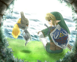 Rule 34 | 1boy, 1girl, blonde hair, blue eyes, link, master sword, midna, monster girl, nintendo, outdoors, plant, pointy ears, riolabo, shield, sitting, sword, the legend of zelda, the legend of zelda: twilight princess, weapon