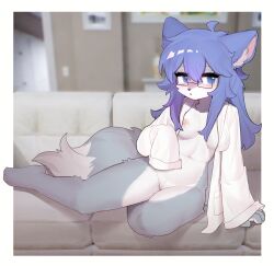 Rule 34 | animal ear fluff, animal ears, animal nose, blue eyes, blue hair, blush, bottomless, breasts, cleft of venus, commentary, couch, crayon (crayon1006), full body, furry, furry female, glasses, highres, indoors, long hair, long sleeves, looking at viewer, medium breasts, mole, mole under eye, naked shirt, navel, nipples, on couch, original, parted lips, pussy, rectangular eyewear, shirt, sleeves past fingers, sleeves past wrists, snout, symbol-only commentary, tail
