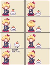 Rule 34 | 1girl, 4koma, :&gt;, ahoge, blonde hair, bowing, cake, comic, embodiment of scarlet devil, english text, closed eyes, female focus, food, kagami mochi, kyako youkan, new year, no eyes, no mouth, o o, open mouth, pixel art, red eyes, rumia, smile, touhou
