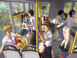 Rule 34 | 10s, 5boys, 5girls, ass, ass grab, bad anatomy, bent over, black hair, blonde hair, blue hair, blush, brown eyes, brown hair, bus, bus interior, clothed sex, clothes lift, commentary, cum, cum in mouth, cum in pussy, cum on hair, cumdrip, doggystyle, face-to-face, facial, fellatio, female pubic hair, glasses, grabbing, grabbing another&#039;s breast, group sex, handjob, highres, ichijou raku, indoors, kirisaki chitoge, long hair, looking at another, maiko shuu, miyamoto ruri, motor vehicle, multiple boys, multiple girls, multiple penises, navel, nipples, nisekoi, no panties, onodera kosaki, open mouth, oral, orgy, panties, panty pull, penis, ponytail, pubic hair, public indecency, pussy, ragathol, red eyes, reflection, ribbon, school uniform, serafuku, sex, sex from behind, shirt lift, short hair, skirt, skirt lift, smile, spitroast, spread legs, standing, tongue, tongue out, tsugumi seishirou, uncensored, underwear, vaginal, vehicle, white panties, window
