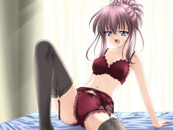 Rule 34 | 00s, 1girl, arm support, black thighhighs, bra, chikage (sister princess), curtains, frilled bra, frilled panties, frills, garter belt, garter straps, knee up, leaning back, light rays, lingerie, navel, open mouth, panties, purple eyes, purple hair, red bra, red panties, sister princess, sitting, solo, thighhighs, underwear, underwear only